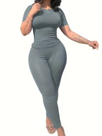 Casual Workout Sets Short Sleeve Two Piece Outfits For Women Ribbed Fitted Crew Neck T-shirt Matching Sets Streetwear (Color: Gray-blue, size: XL)