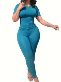 Casual Workout Sets Short Sleeve Two Piece Outfits For Women Ribbed Fitted Crew Neck T-shirt Matching Sets Streetwear (Color: Peacock blue, size: S)