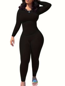2pcs Solid Color Yoga Workout Set, Long Sleeve Round Neck Top & High Stretch Running Sports Leggings Suit, Women's Activewear (Color: BLACK, size: XL)