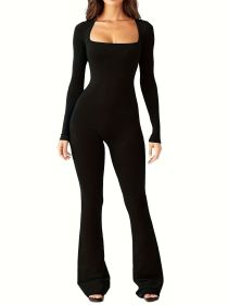 LONG SLEEVE SQUARE NECK FLARE JUMPSUIT (Color: BLACK, size: L)