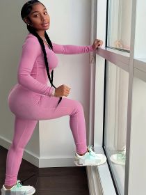 2pcs Solid Color Yoga Workout Set, Long Sleeve Round Neck Top & High Stretch Running Sports Leggings Suit, Women's Activewear (Color: Pink, size: XL)
