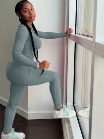 2pcs Solid Color Yoga Workout Set, Long Sleeve Round Neck Top & High Stretch Running Sports Leggings Suit, Women's Activewear (Color: Grey blue, size: L)