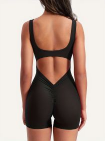 Back wrinkled jumpsuit shorts (Color: BLACK, size: XL)