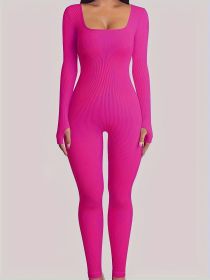 One-piece pants with square collar and slit (Color: Rose, size: M)