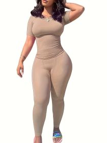 Casual Workout Sets Short Sleeve Two Piece Outfits For Women Ribbed Fitted Crew Neck T-shirt Matching Sets Streetwear (Color: Khaki color, size: L)