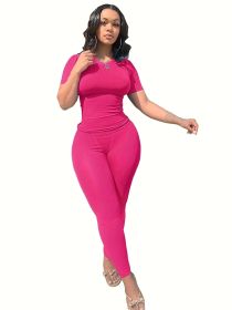 Casual Workout Sets Short Sleeve Two Piece Outfits For Women Ribbed Fitted Crew Neck T-shirt Matching Sets Streetwear (Color: Rose red, size: M)
