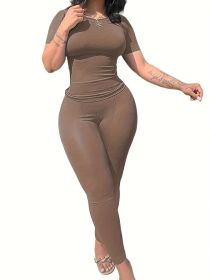 Casual Workout Sets Short Sleeve Two Piece Outfits For Women Ribbed Fitted Crew Neck T-shirt Matching Sets Streetwear (Color: Brown, size: M)