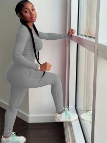 2pcs Solid Color Yoga Workout Set, Long Sleeve Round Neck Top & High Stretch Running Sports Leggings Suit, Women's Activewear (Color: White gray, size: L)