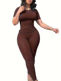 Casual Workout Sets Short Sleeve Two Piece Outfits For Women Ribbed Fitted Crew Neck T-shirt Matching Sets Streetwear (Color: Dark Brown, size: S)
