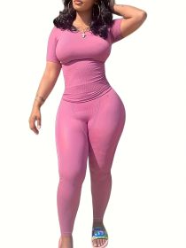 Casual Workout Sets Short Sleeve Two Piece Outfits For Women Ribbed Fitted Crew Neck T-shirt Matching Sets Streetwear (Color: Pink, size: L)