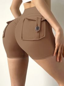 2024 new style nude three-quarter pants sexy yoga pants summer high-waisted peach hip-lifting exercise shorts fitness pants (Color: Cocoa color, size: S)