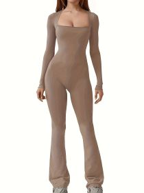 LONG SLEEVE SQUARE NECK FLARE JUMPSUIT (Color: Brown, size: XL)