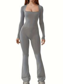 LONG SLEEVE SQUARE NECK FLARE JUMPSUIT (Color: GRAY, size: XL)