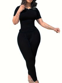 Casual Workout Sets Short Sleeve Two Piece Outfits For Women Ribbed Fitted Crew Neck T-shirt Matching Sets Streetwear (Color: BLACK, size: M)