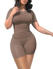 2pcs Comfortable Solid Color  Workout Sets, Crew Neck Short Sleeve T-shirts Sports Top &  Shorts, Women's Activewear (Color: Brown, size: S)