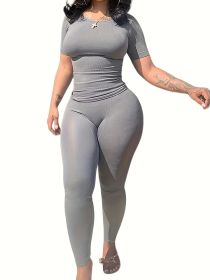 Casual Workout Sets Short Sleeve Two Piece Outfits For Women Ribbed Fitted Crew Neck T-shirt Matching Sets Streetwear (Color: White gray, size: M)