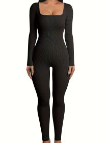 One-piece pants with square collar and slit (Color: BLACK, size: L)